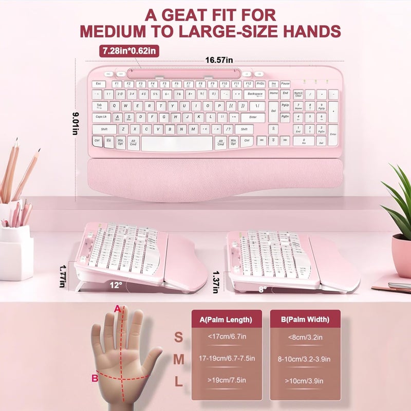 EAYBLLY Ergonomic Wireless Keyboard with Cushioned Wrist Rest, Wave Keys, Phone Holder, Comfortable Natural Typing, 2.4GHz Full Size Cordless USB Computer Keyboard for Windows, Mac OS, Laptop, PC (Pink) - Image 2